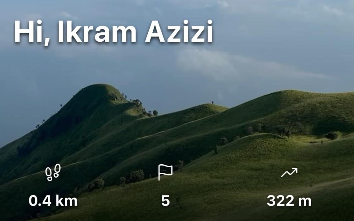 HikeMate home screen showing a hiking stats summary over a mountain trail photo