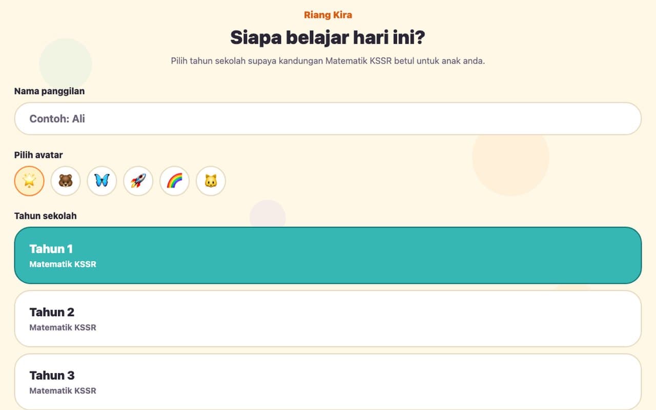 Riang Kira onboarding screen with a nickname field, avatar picker and school year selection