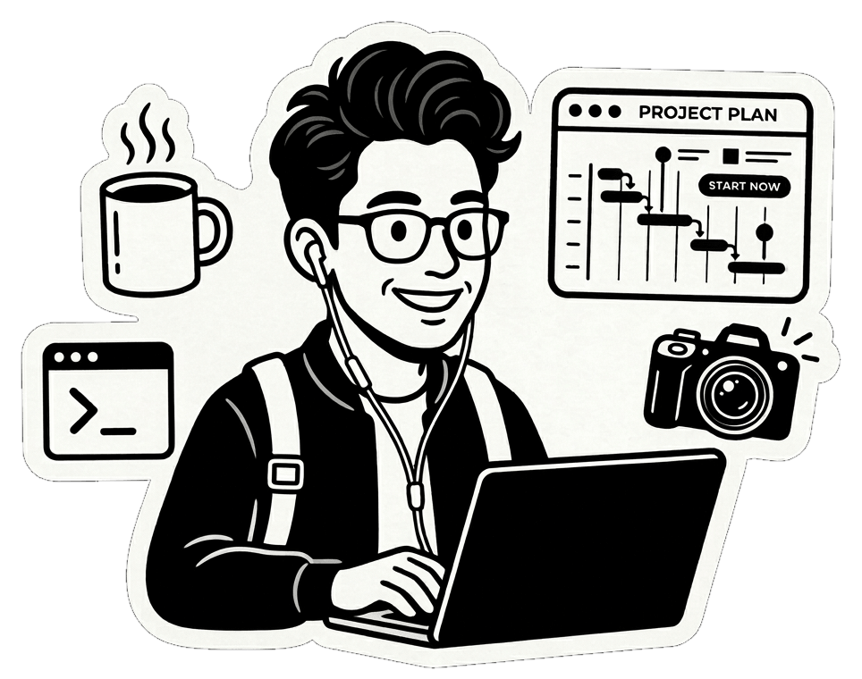 Illustration of Ikram at a laptop, surrounded by a coffee mug, a terminal window, a project plan, and a camera